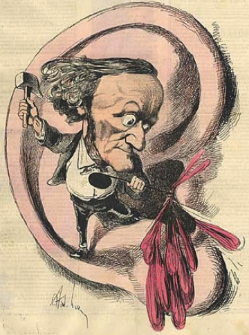 Caricature of Wagner assaulting an ear with hammer and (note-shaped) chisel